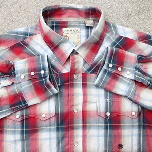 Roper Shirt Mens Large Red/Blue Plaid Pearl Snap 100% Cotton Western Long Sleeve